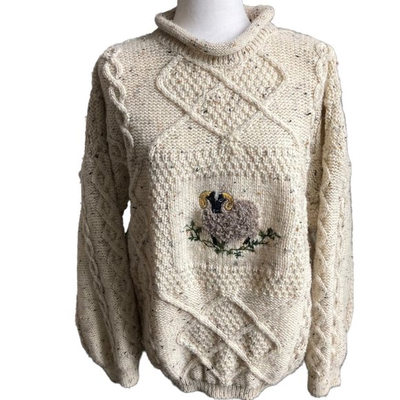 Acorn Sweaters - ACORN Vintage Women's Neutral Chunky Cable Knit Wool Fisherman Sweater